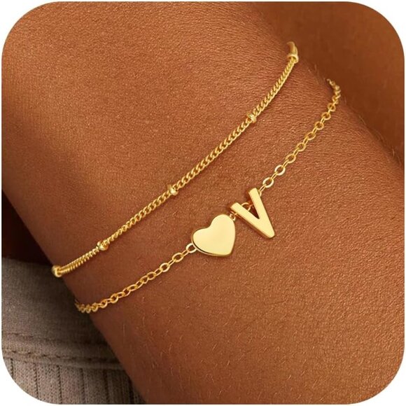 Jewelry - Christmas Gifts for Grandkids Teens Girls, 14K Gold Plated Heart Initial Bracele